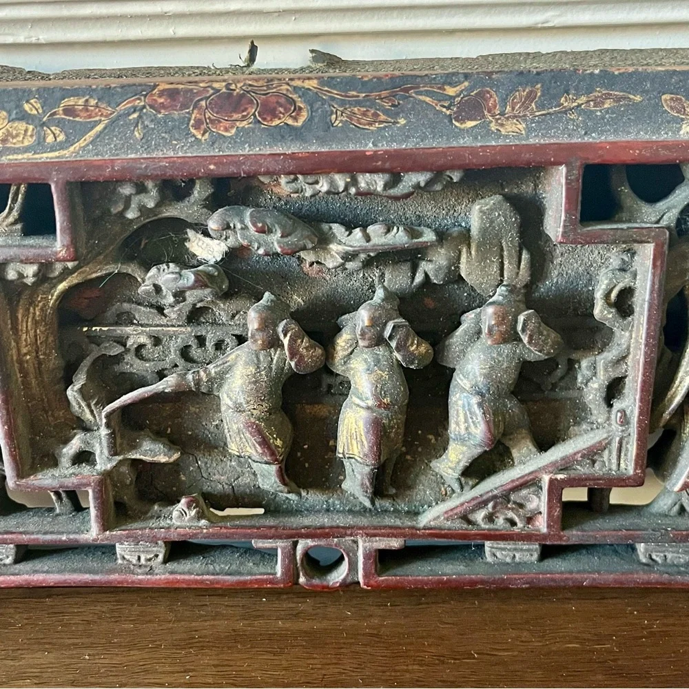 Antique Chinese Hand-Carved Wood Architectural Panel